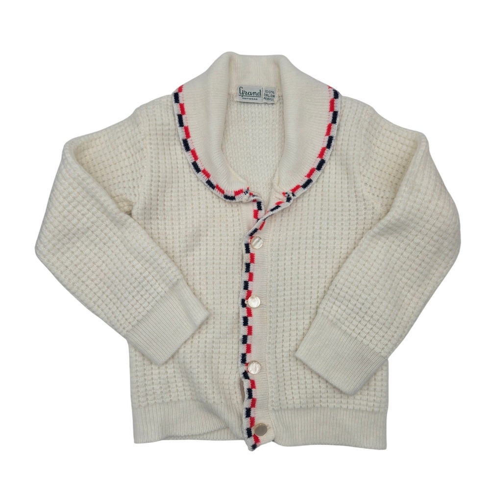 Vintage Grand Knitwear Kids Waffle Knit Shawl Collar Cardigan Sweater White